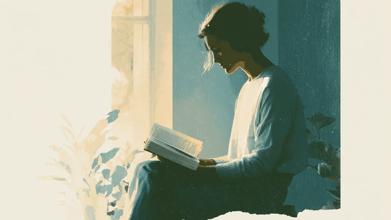 Vrouw leest de Bijbel bij het raam