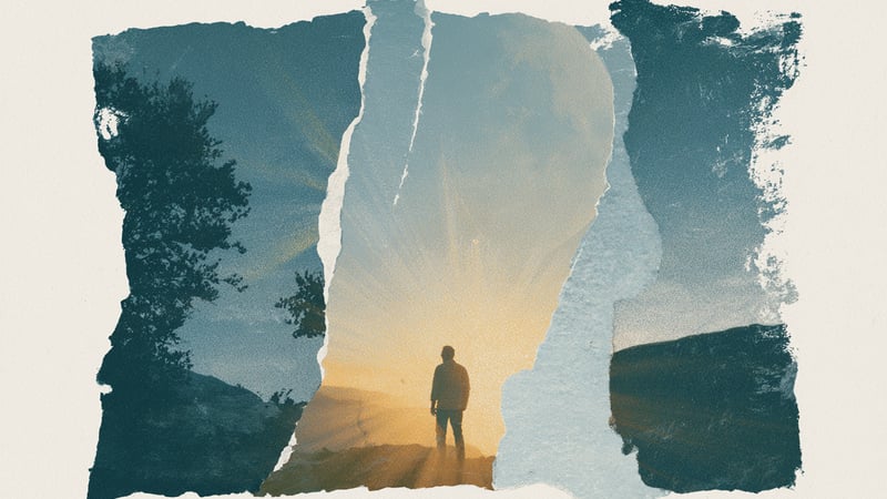 Man in het licht van de opgaande zon, collage van gescheurd papier